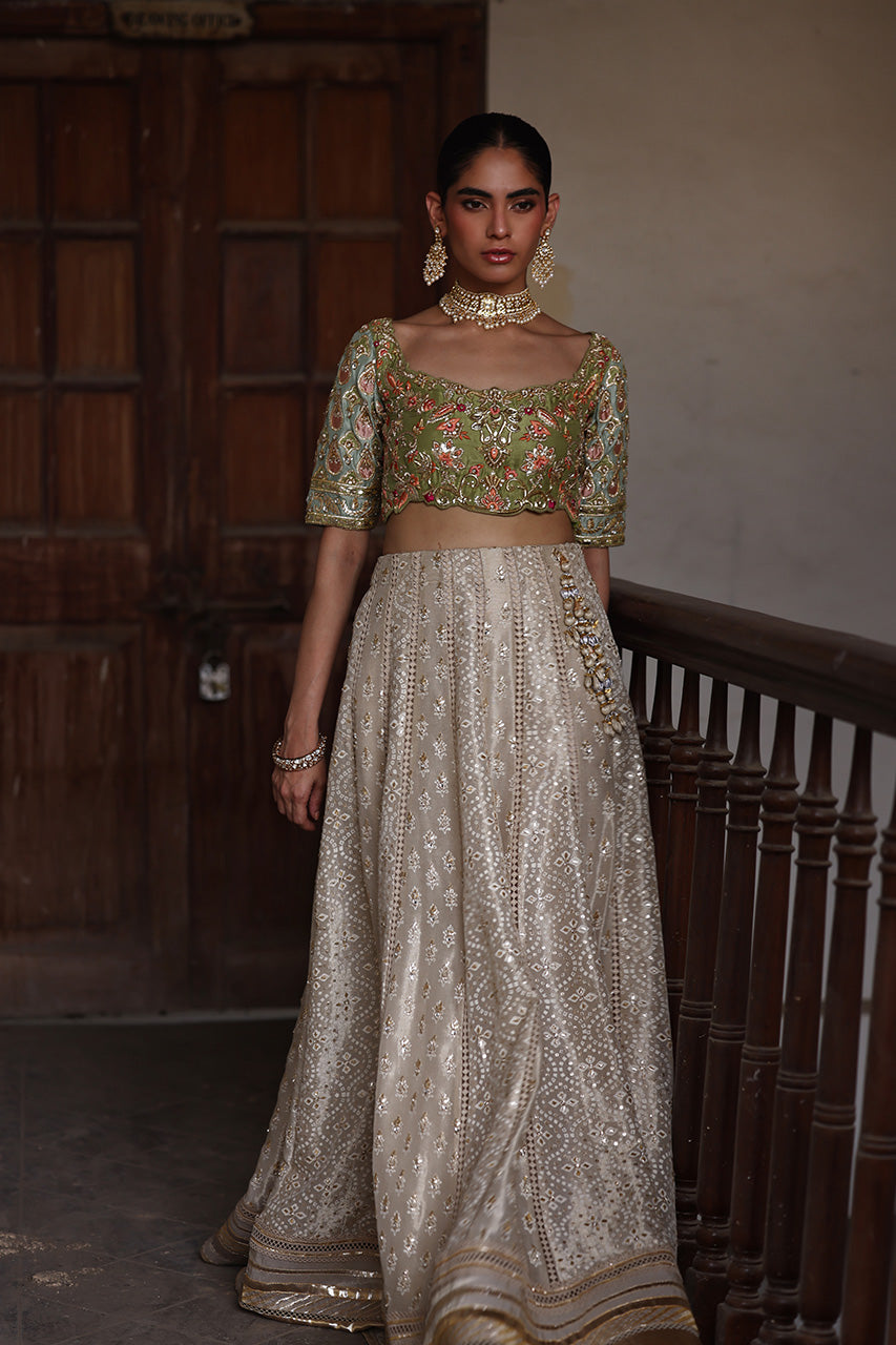 Pakistani Olive Zardozi Raw Silk Lehenga Choli (3-Piece) - Image 6