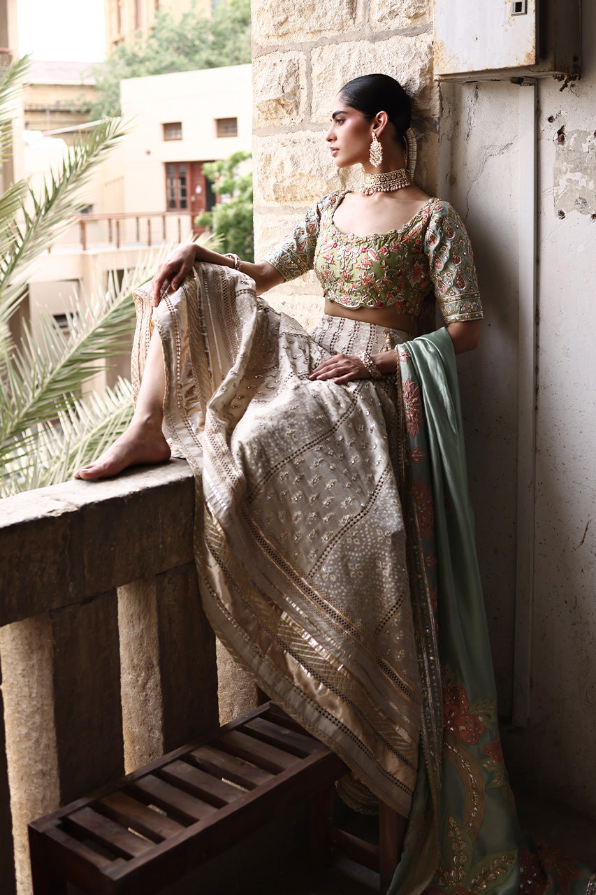 Pakistani Olive Zardozi Raw Silk Lehenga Choli (3-Piece) - Image 8