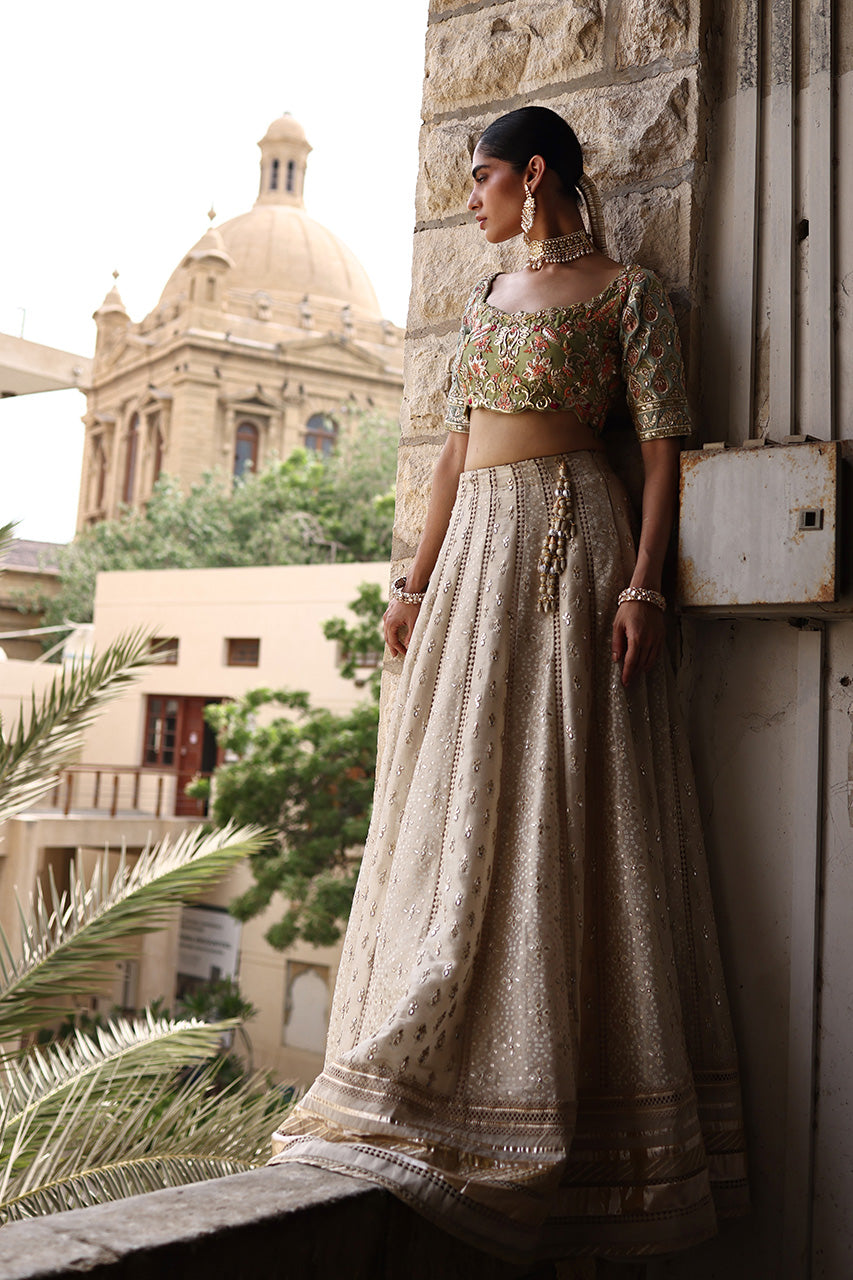 Pakistani Olive Zardozi Raw Silk Lehenga Choli (3-Piece) - Image 9