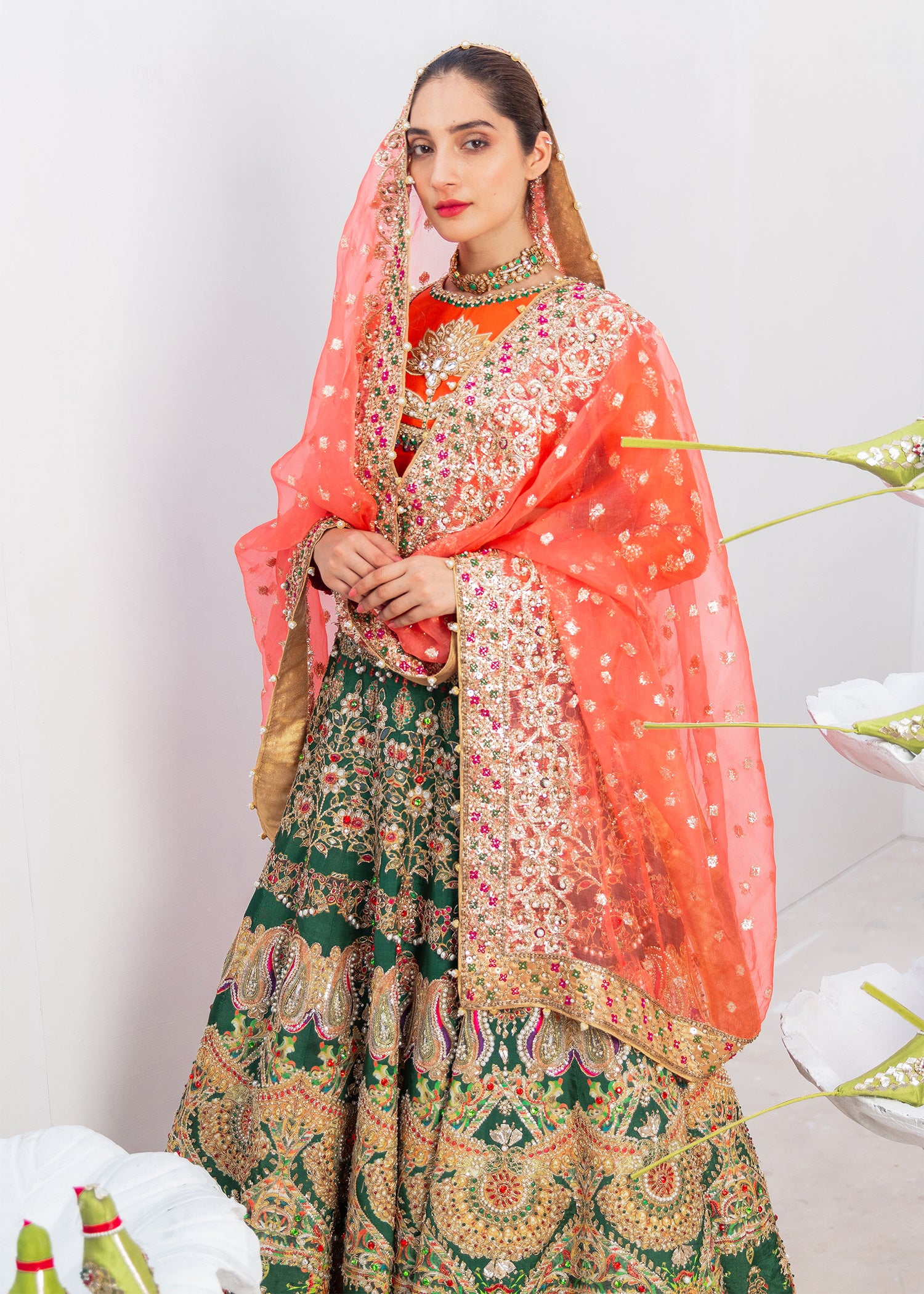 Sacramento Green Embroidered Raw Silk Lehenga Choli (3-Piece) - Image 3