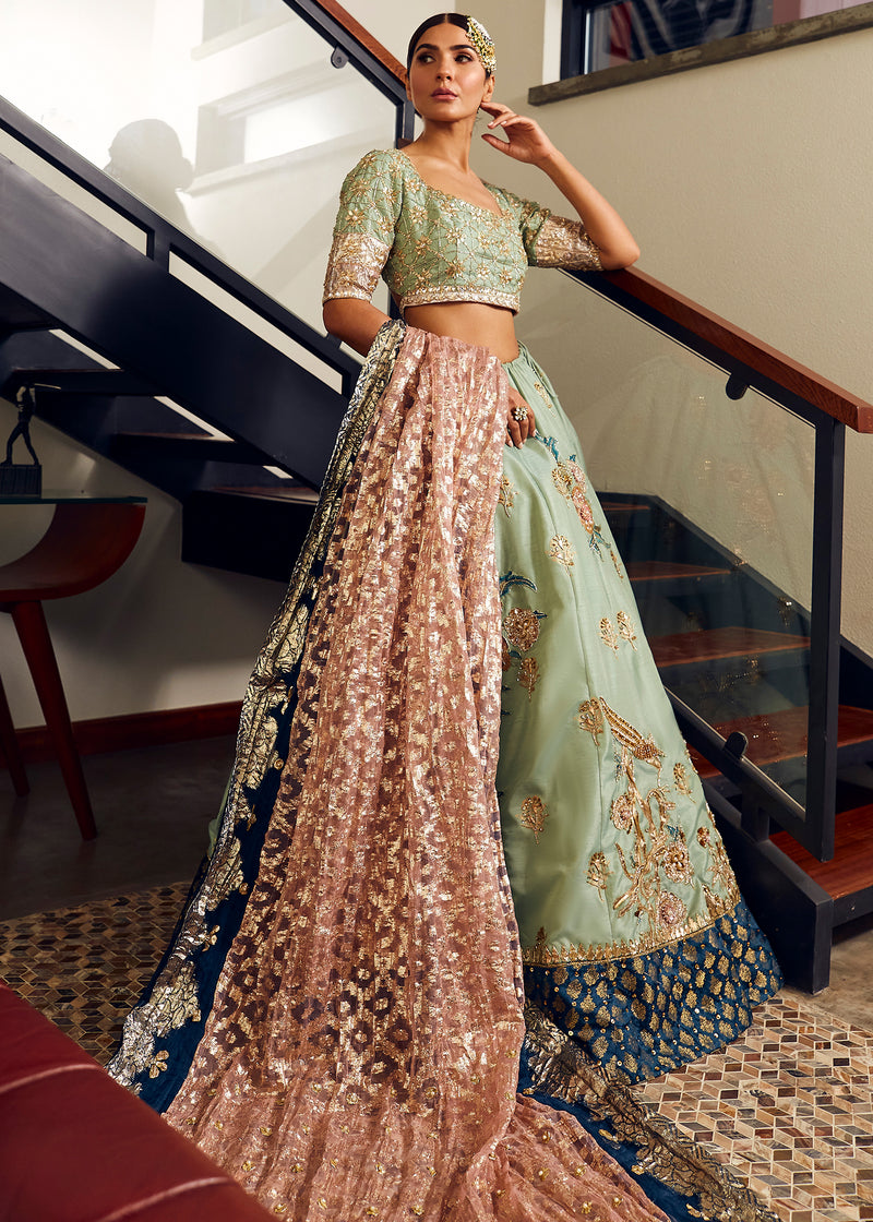 Sea Green Handworked Korean Rawsilk Lehenga Choli (3-Piece) - Image 1