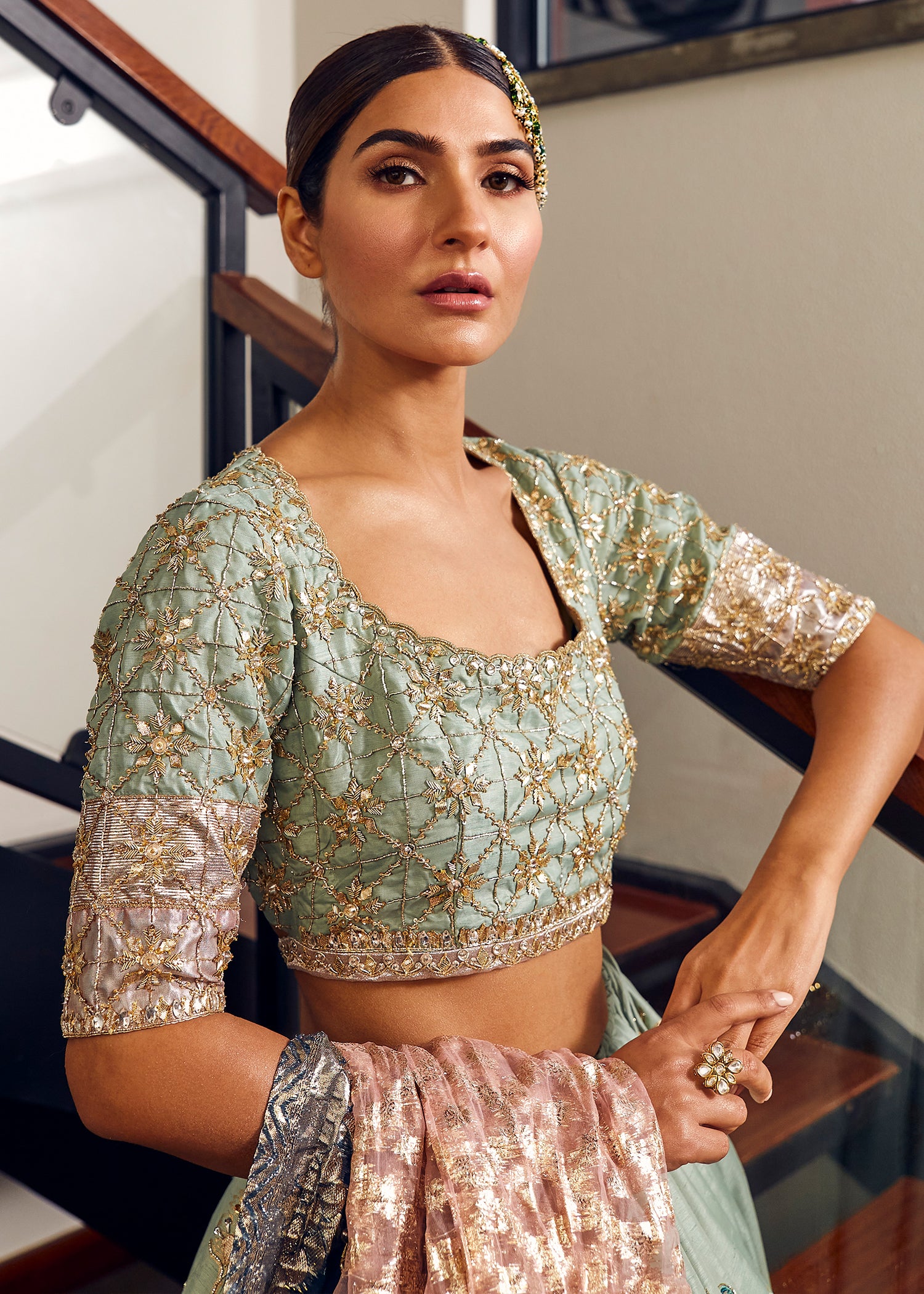 Sea Green Handworked Korean Rawsilk Lehenga Choli (3-Piece) - Image 3