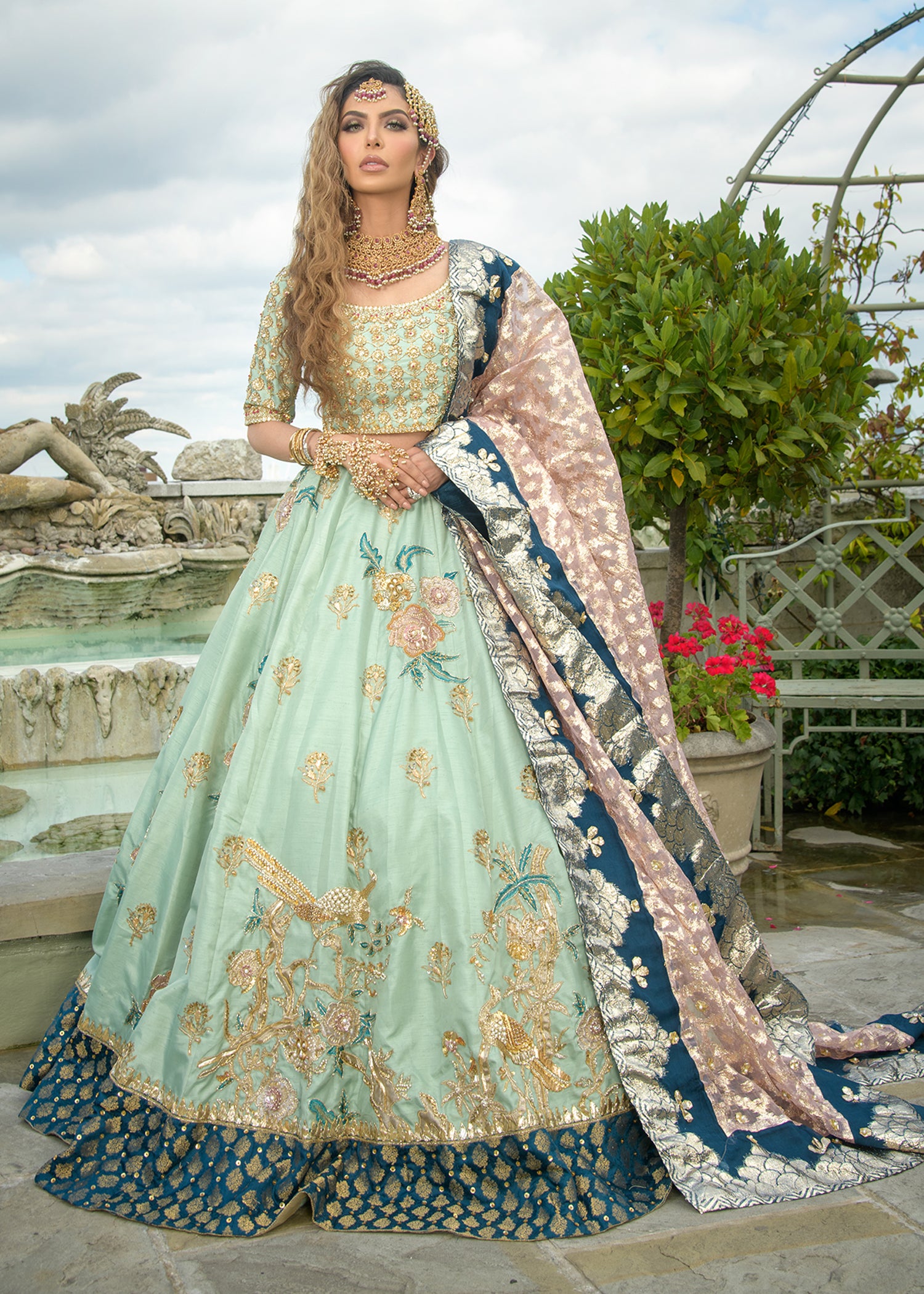 Sea Green Handworked Korean Rawsilk Lehenga Choli (3-Piece) - Image 4