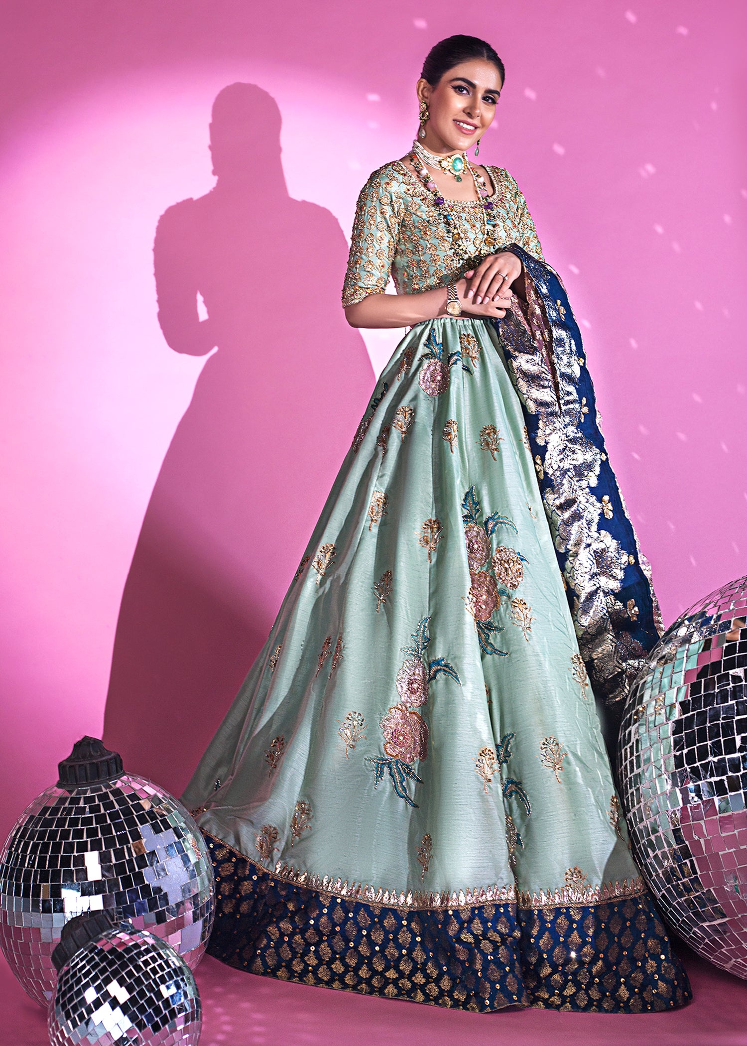 Sea Green Handworked Korean Rawsilk Lehenga Choli (3-Piece) - Image 5