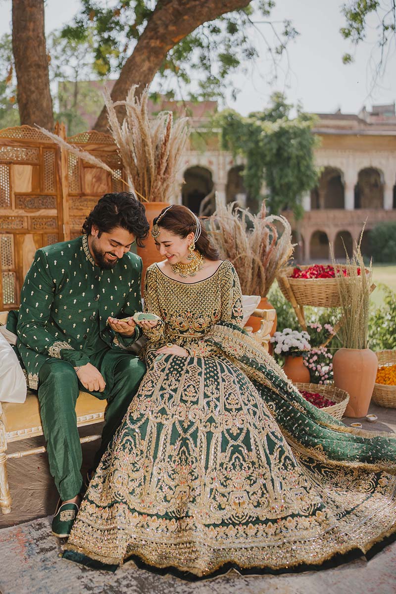 Pakistani Bottle Green Gota Resham Romani Silk Lehenga Choli (3-Piece) - Image 2