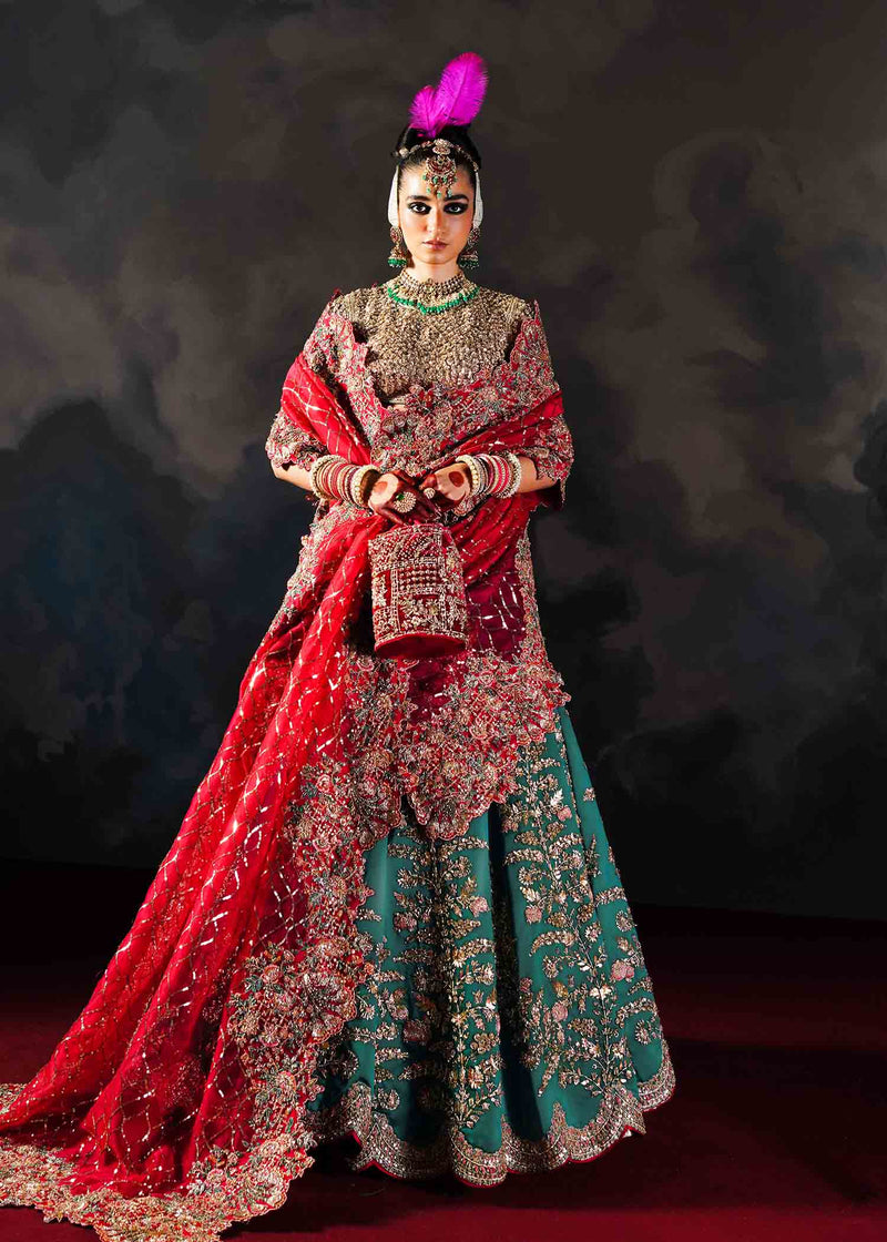 Pakistani Teal Green Embroidered Satin Silk Lehenga (3-Piece) - Image 1