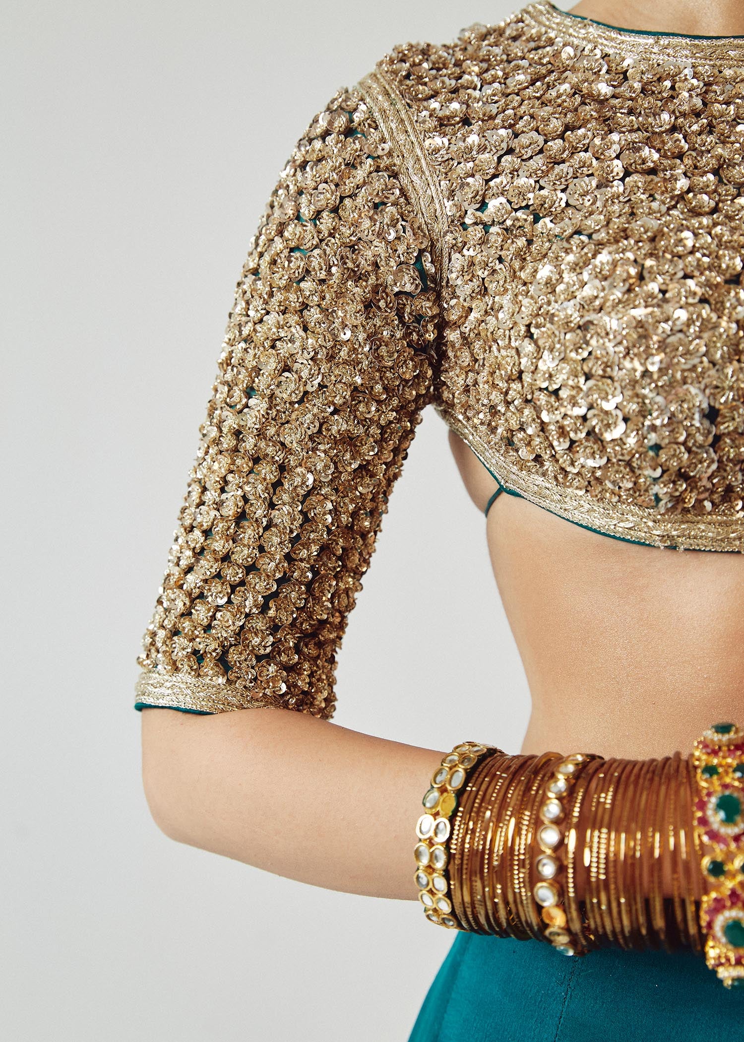 Pakistani Teal Green Embroidered Satin Silk Lehenga (3-Piece) - Image 14