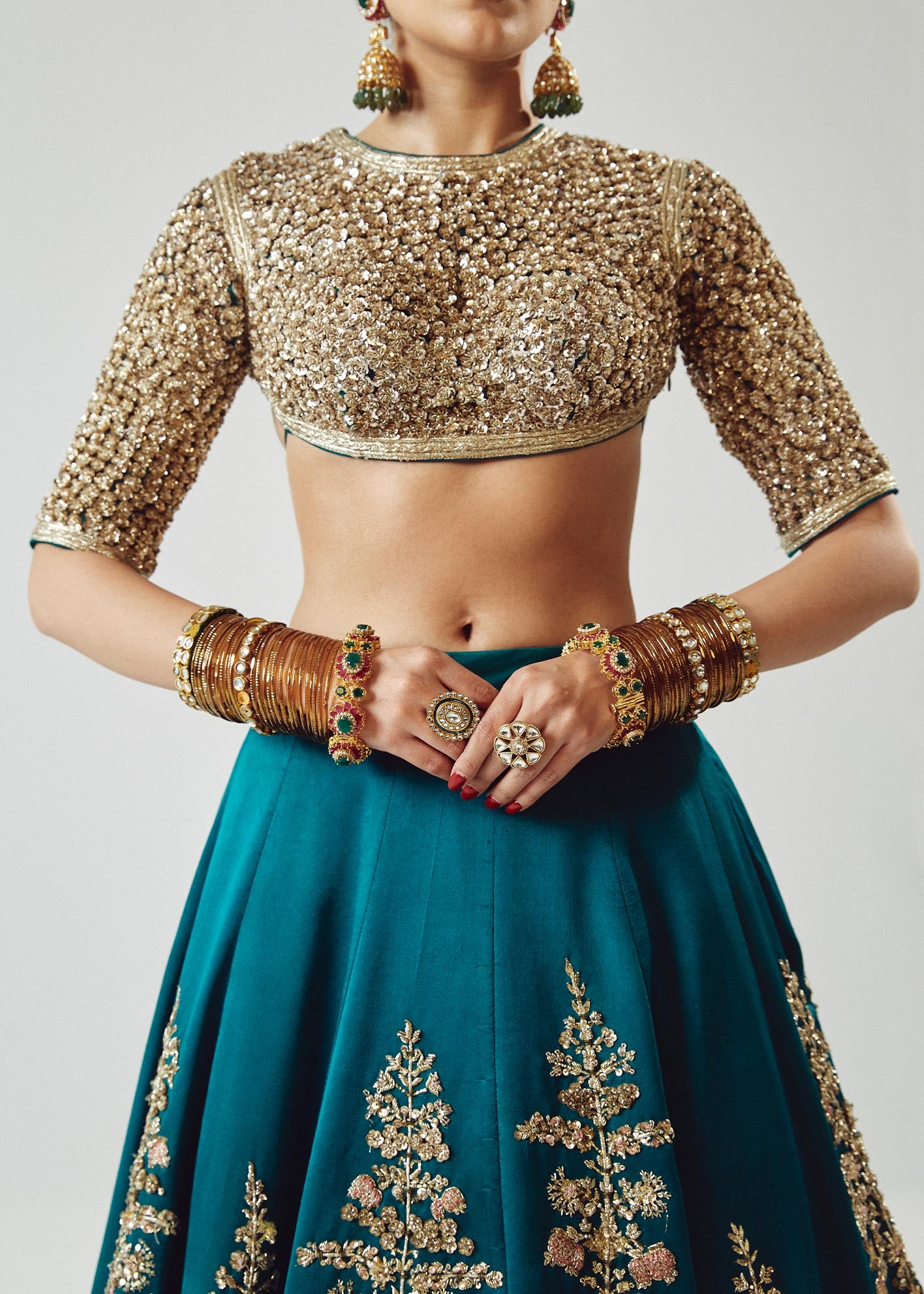 Pakistani Teal Green Embroidered Satin Silk Lehenga (3-Piece) - Image 15