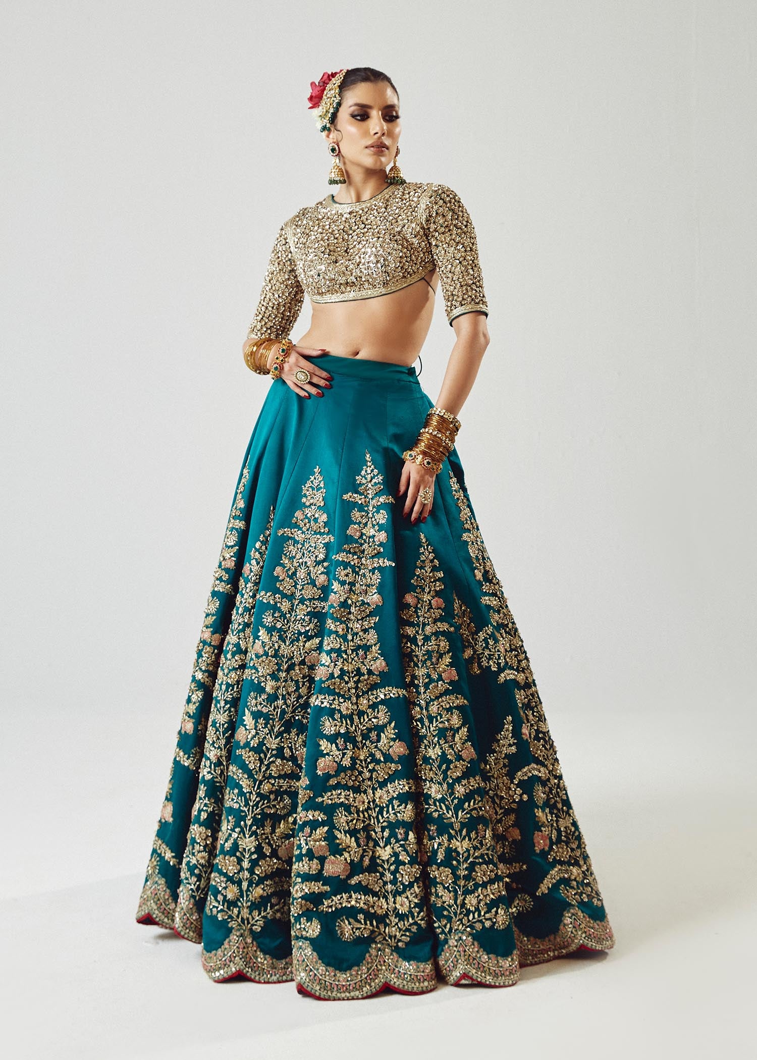 Pakistani Teal Green Embroidered Satin Silk Lehenga (3-Piece) - Image 16