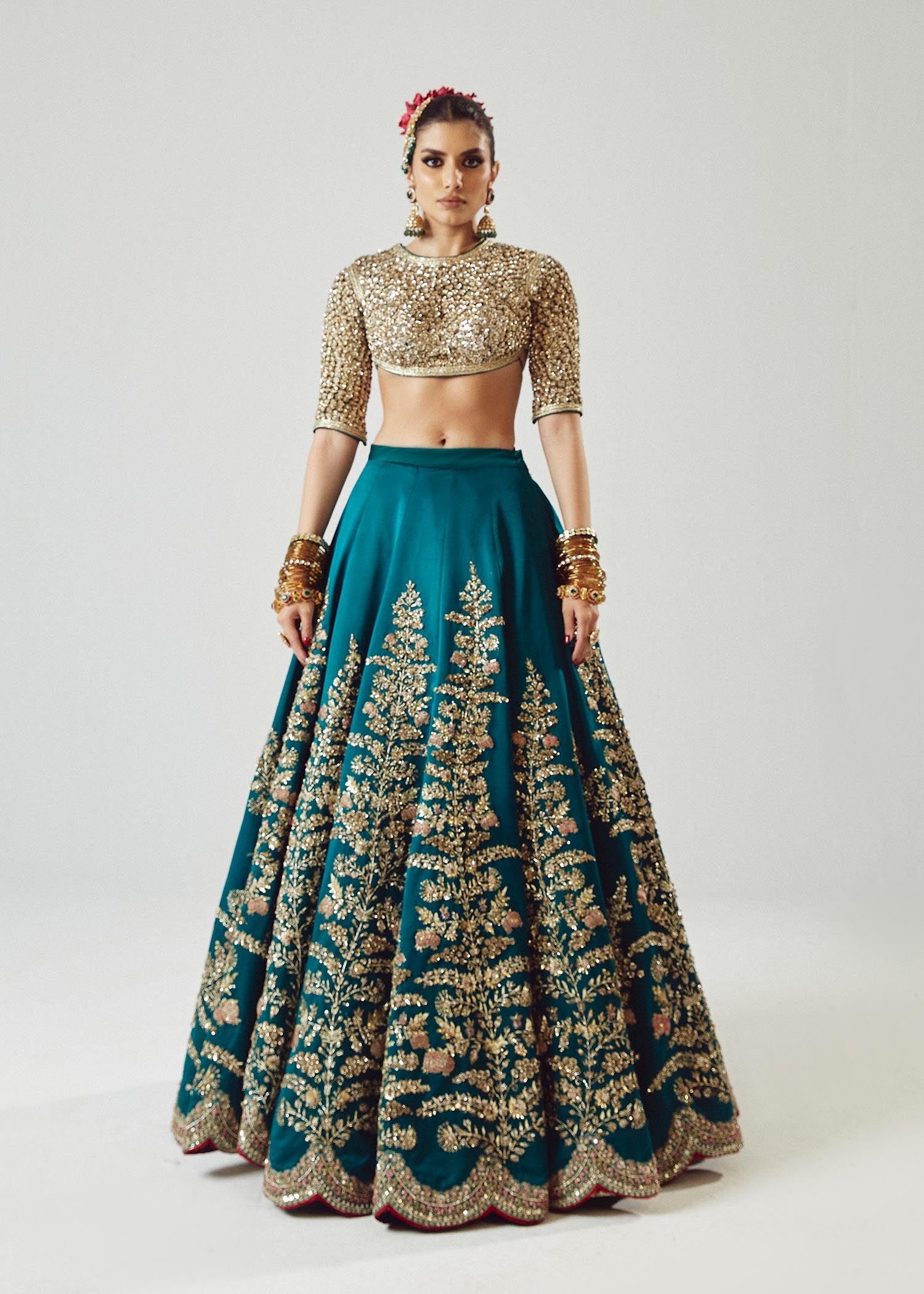 Pakistani Teal Green Embroidered Satin Silk Lehenga (3-Piece) - Image 17