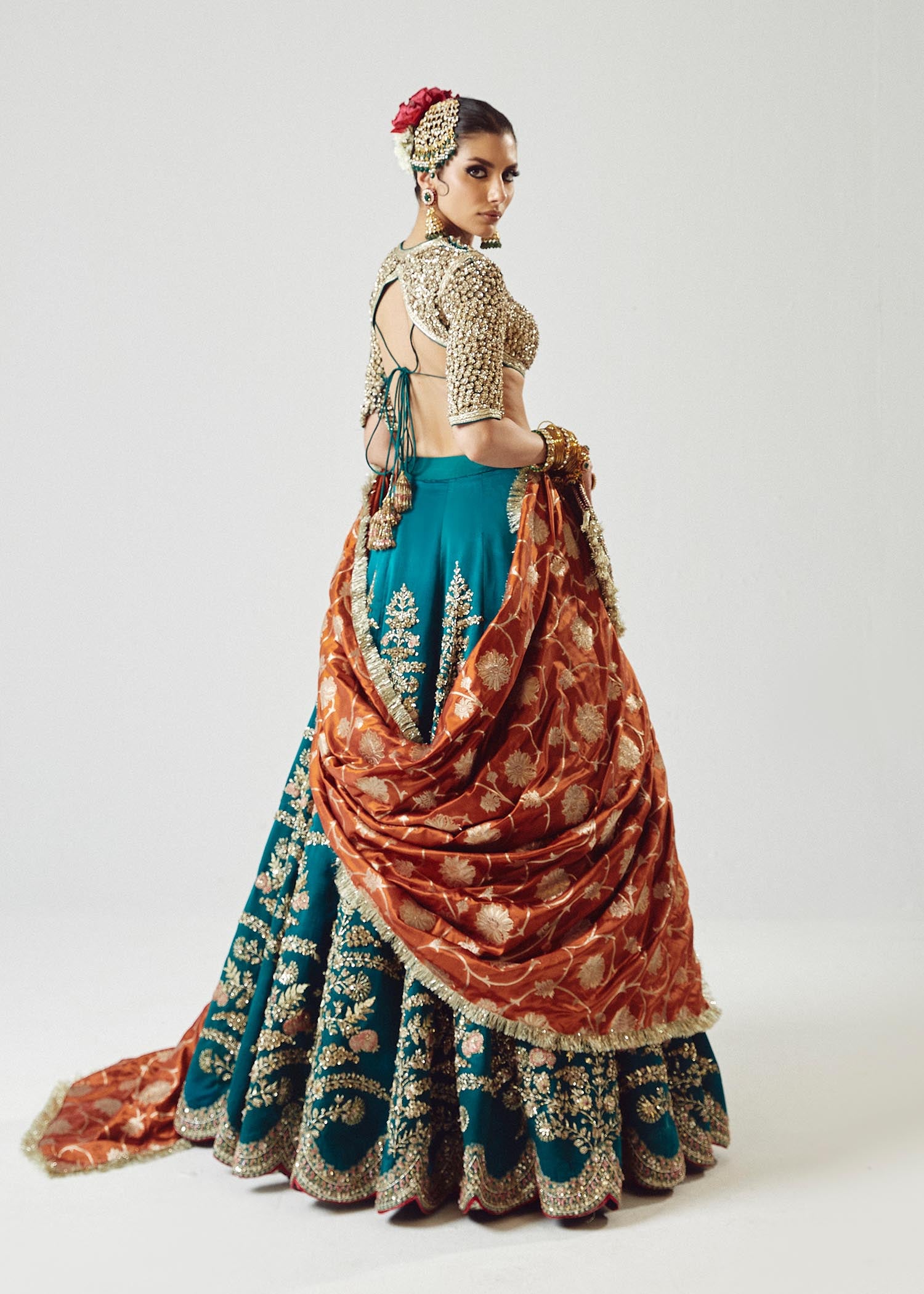 Pakistani Teal Green Embroidered Satin Silk Lehenga (3-Piece) - Image 3