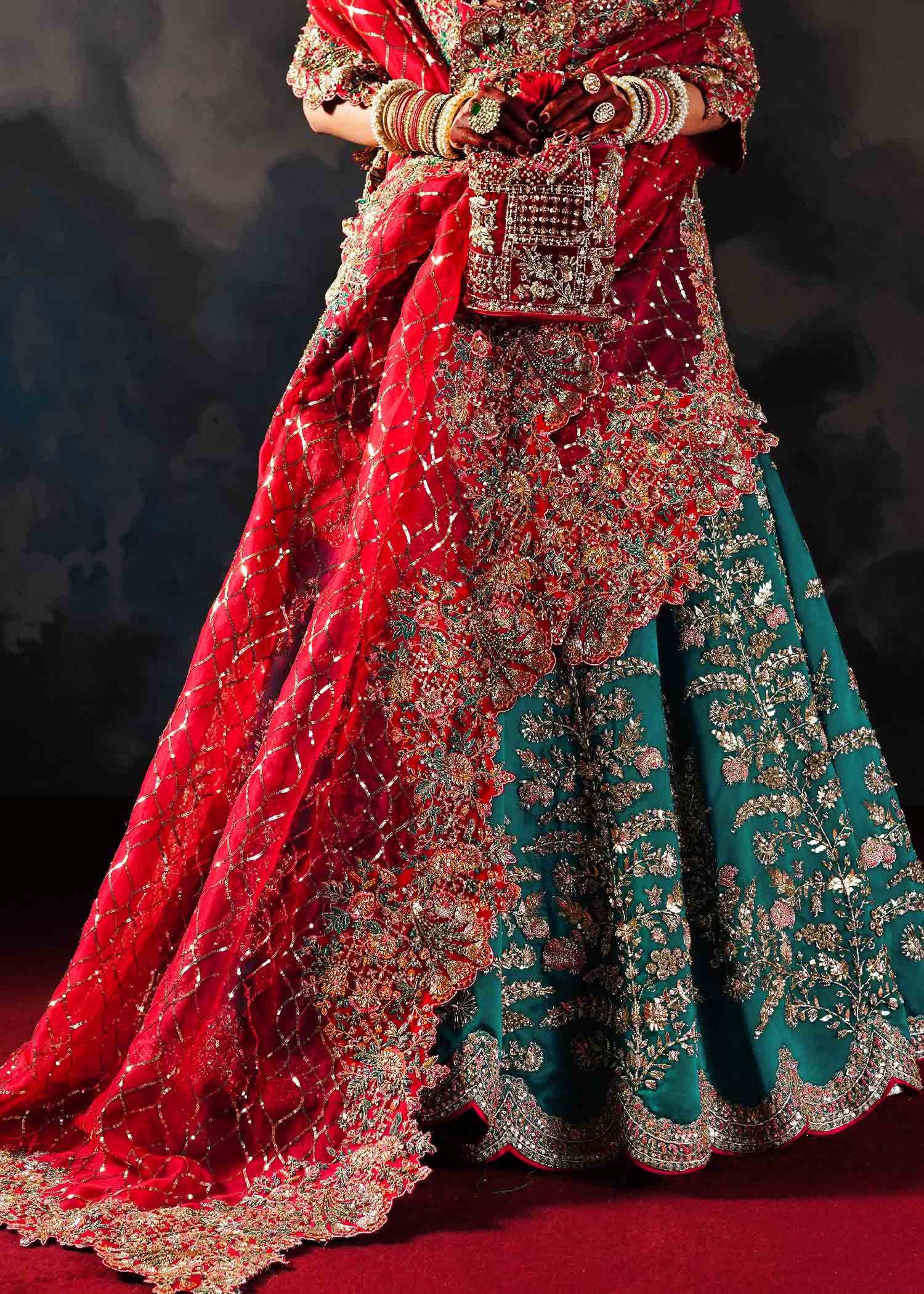 Pakistani Teal Green Embroidered Satin Silk Lehenga (3-Piece) - Image 4