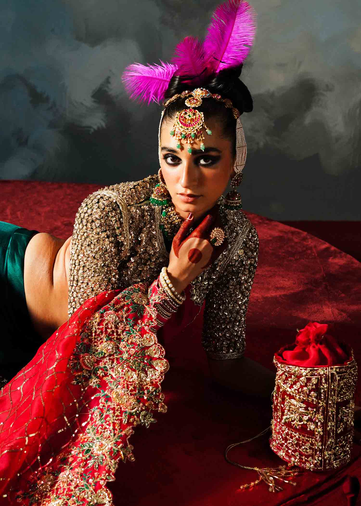 Pakistani Teal Green Embroidered Satin Silk Lehenga (3-Piece) - Image 5