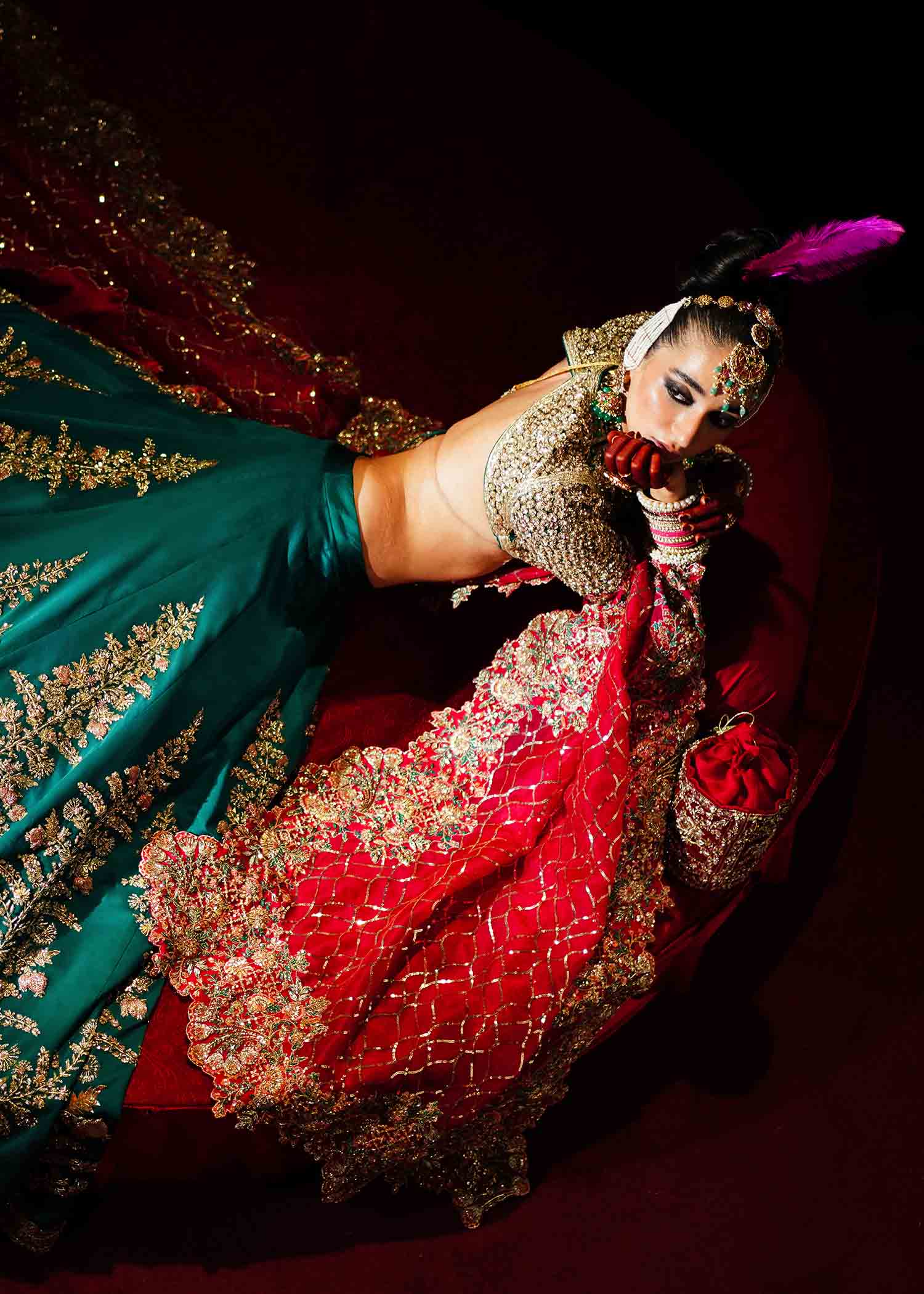 Pakistani Teal Green Embroidered Satin Silk Lehenga (3-Piece) - Image 7