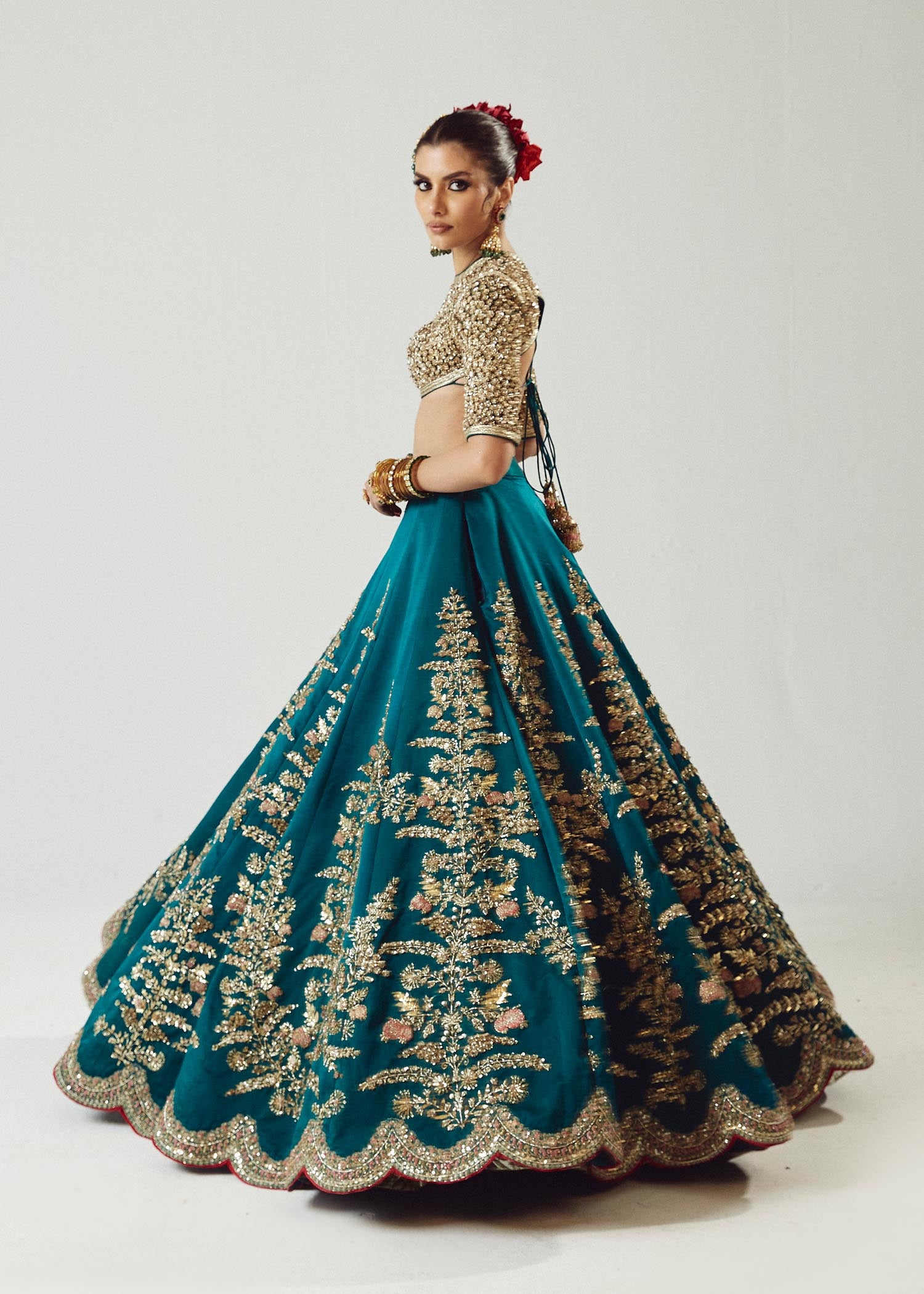 Pakistani Teal Green Embroidered Satin Silk Lehenga (3-Piece) - Image 8
