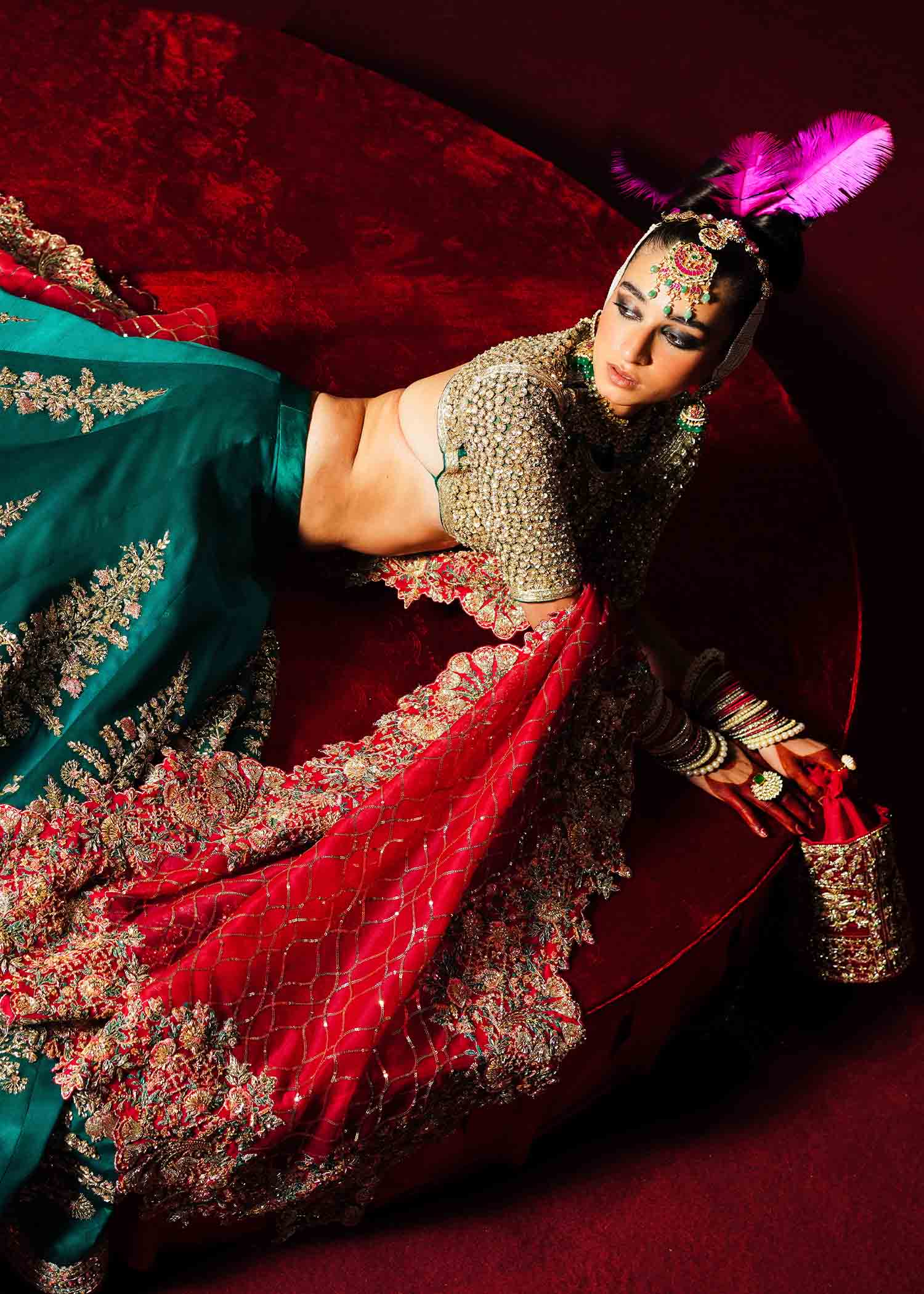 Pakistani Teal Green Embroidered Satin Silk Lehenga (3-Piece) - Image 9