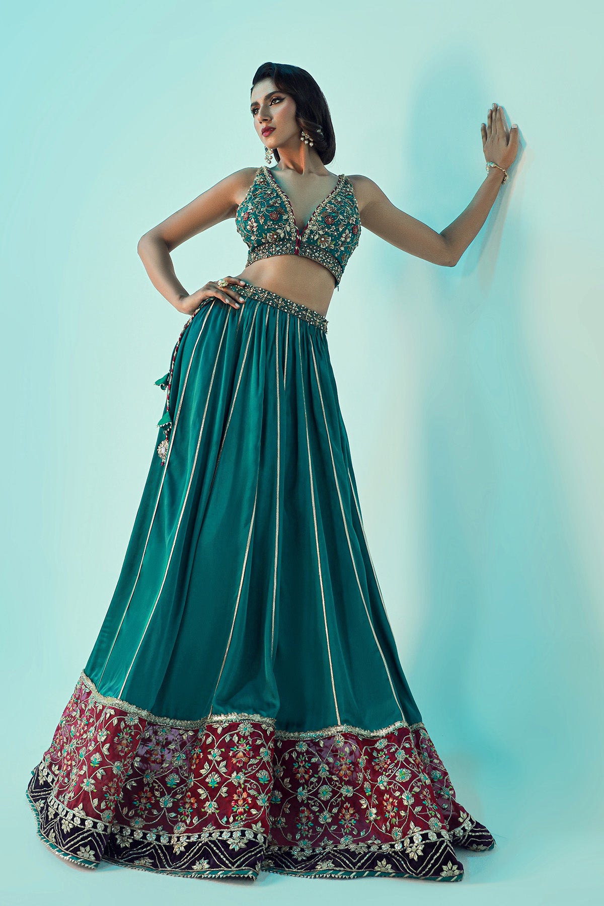 Emerald Gota Zardozi Satin Silk Lehnga Choli (2-Piece) - Image 2
