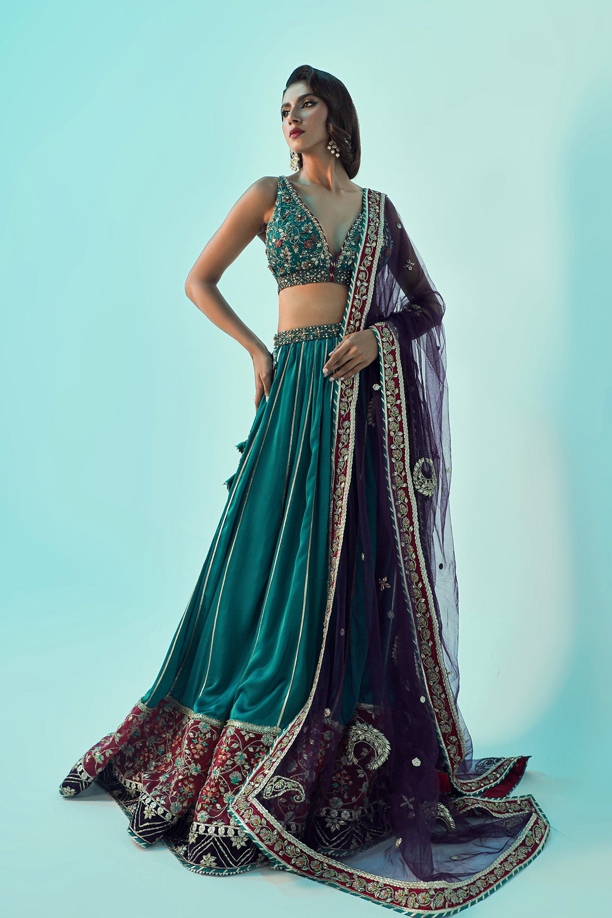 Pakistani Emerald Zardozi Satin Silk Lehenga Choli (3-Piece) - Image 1