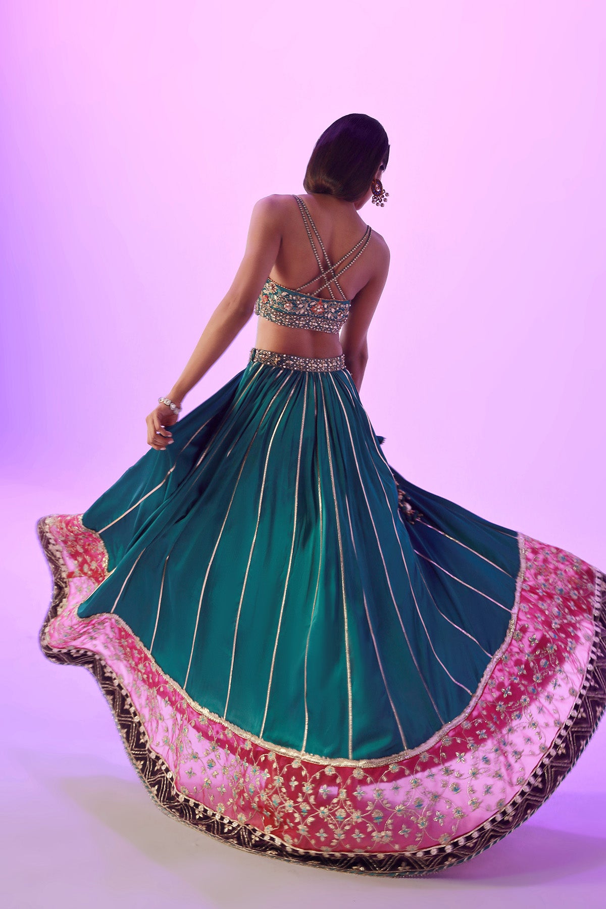 Pakistani Emerald Zardozi Satin Silk Lehenga Choli (3-Piece) - Image 2