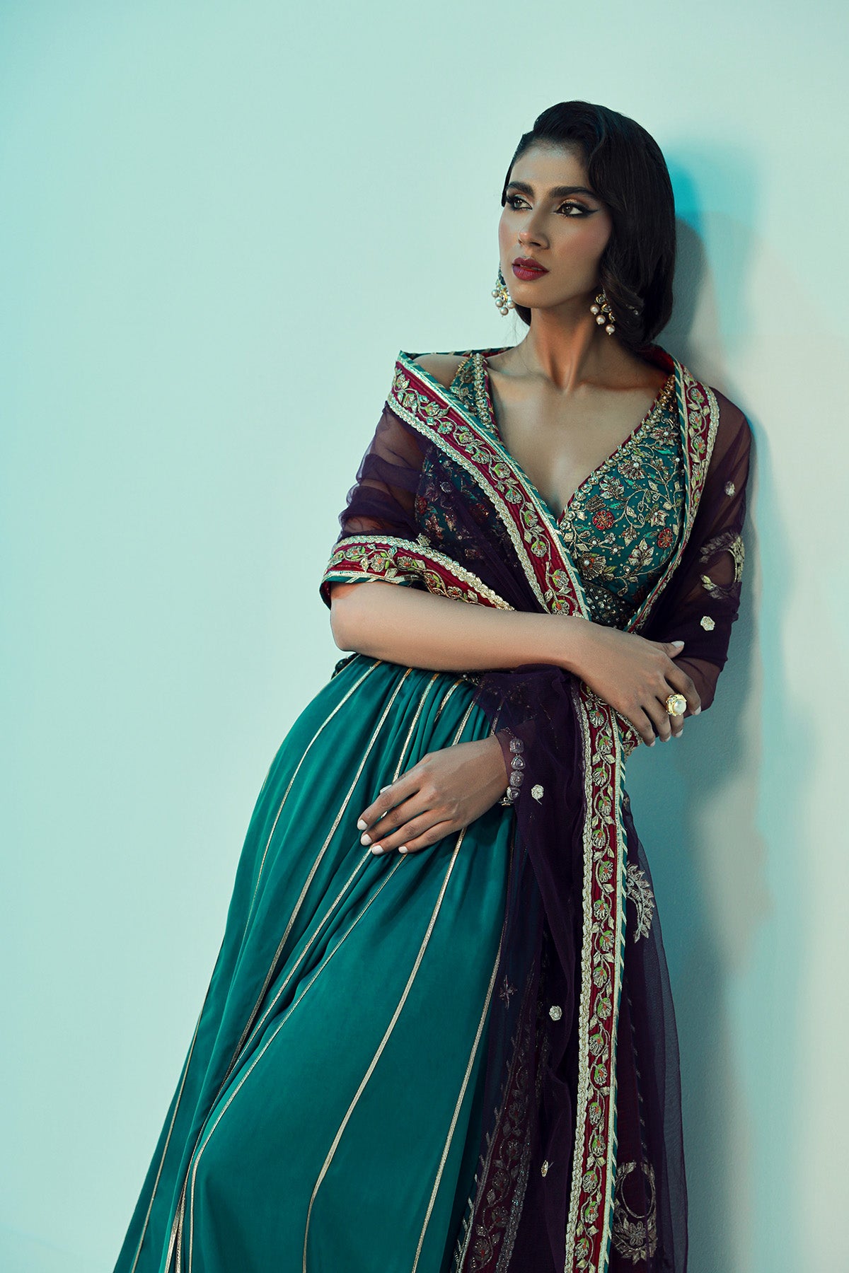 Pakistani Emerald Zardozi Satin Silk Lehenga Choli (3-Piece) - Image 3