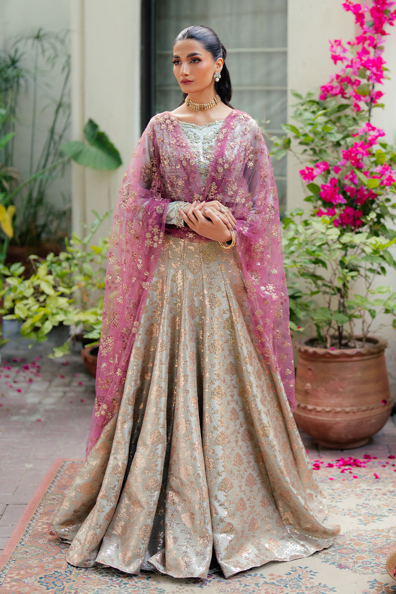 Pakistani Mint Green Embroidered Satin Zari Lehenga (3-Piece) - Image 1