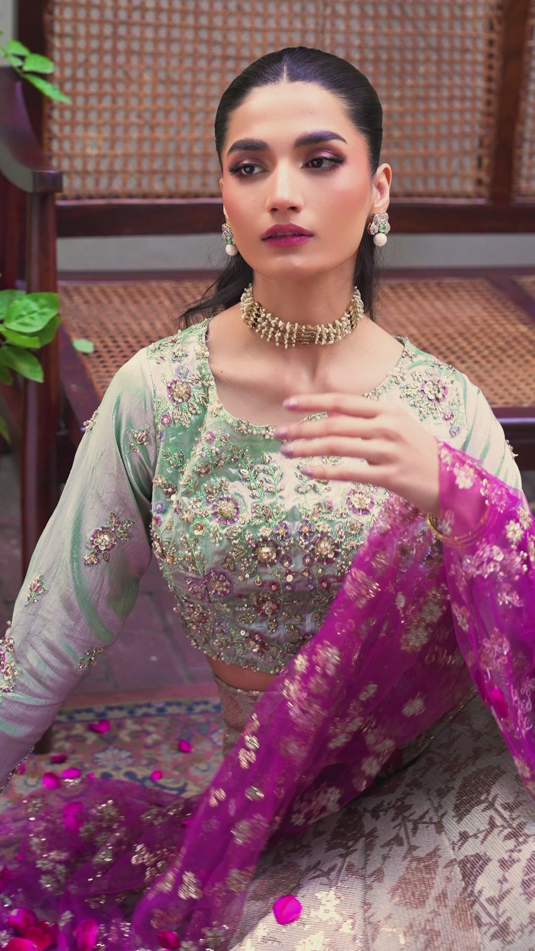 Pakistani Mint Green Embroidered Satin Zari Lehenga (3-Piece) - Image 10