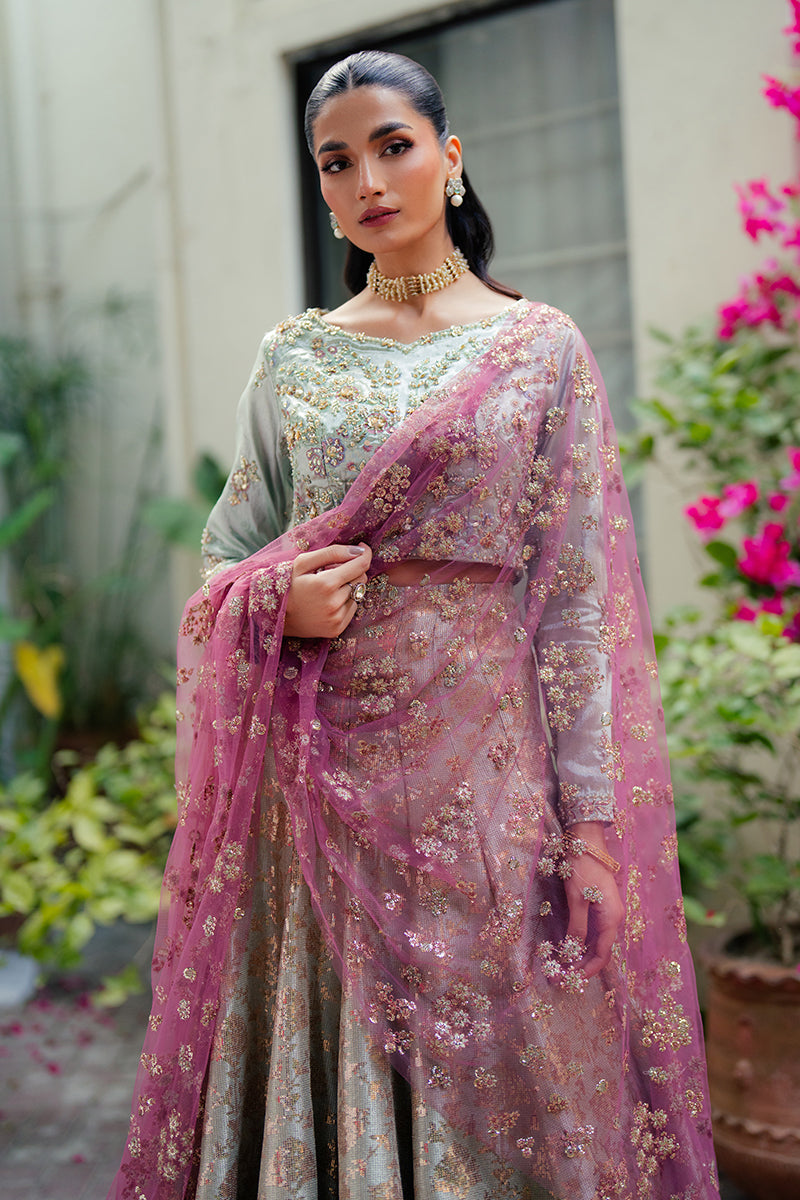 Pakistani Mint Green Embroidered Satin Zari Lehenga (3-Piece) - Image 2