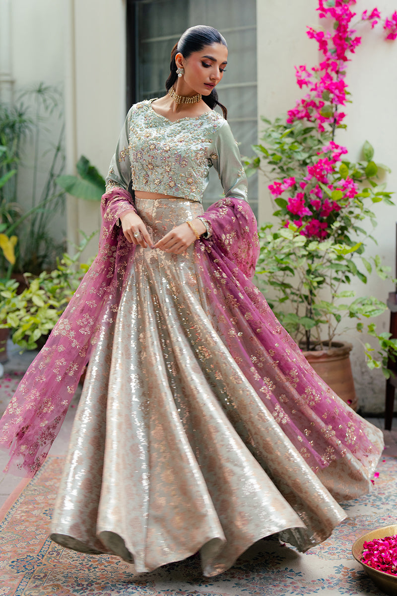 Pakistani Mint Green Embroidered Satin Zari Lehenga (3-Piece) - Image 3