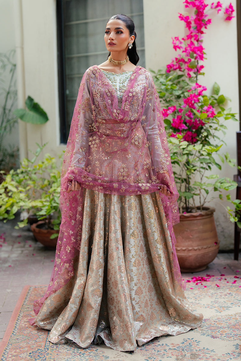 Pakistani Mint Green Embroidered Satin Zari Lehenga (3-Piece) - Image 4