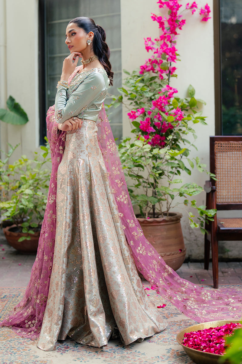 Pakistani Mint Green Embroidered Satin Zari Lehenga (3-Piece) - Image 5