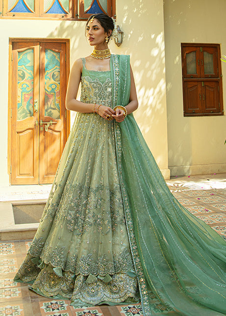 Pakistani Misty Green Embroidered Shabnum Mesori Lehenga (3-Piece) - Image 1