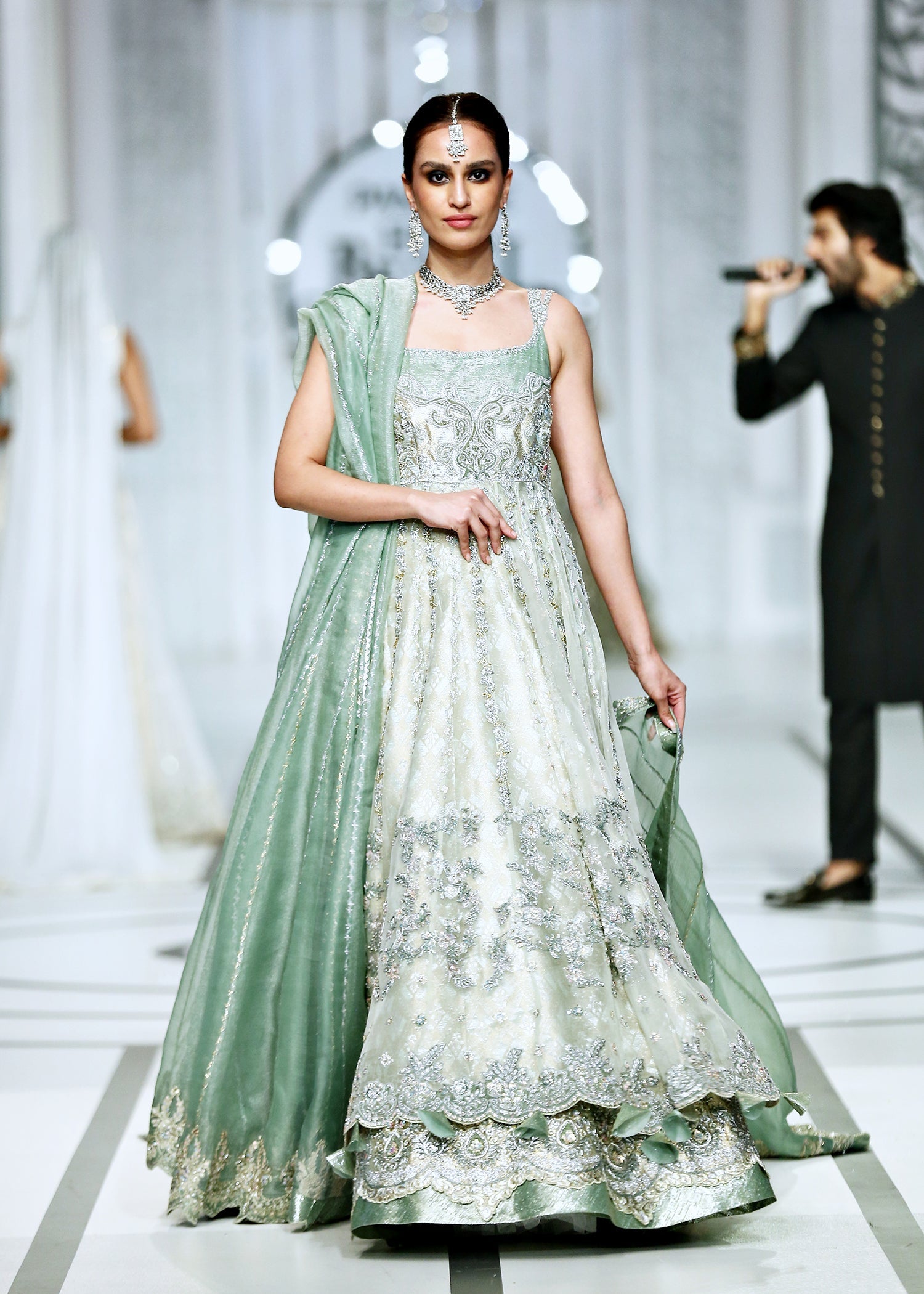 Pakistani Misty Green Embroidered Shabnum Mesori Lehenga (3-Piece) - Image 10