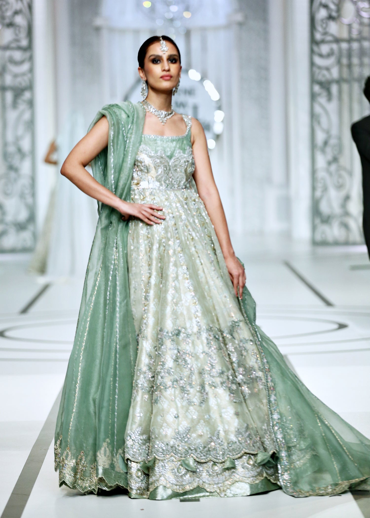 Pakistani Misty Green Embroidered Shabnum Mesori Lehenga (3-Piece) - Image 11
