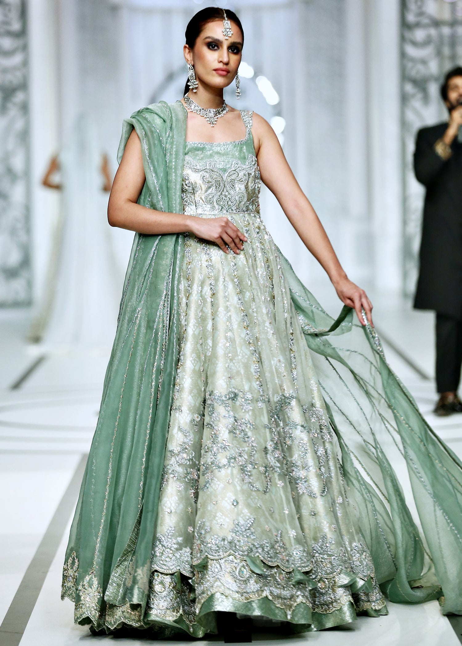 Pakistani Misty Green Embroidered Shabnum Mesori Lehenga (3-Piece) - Image 12