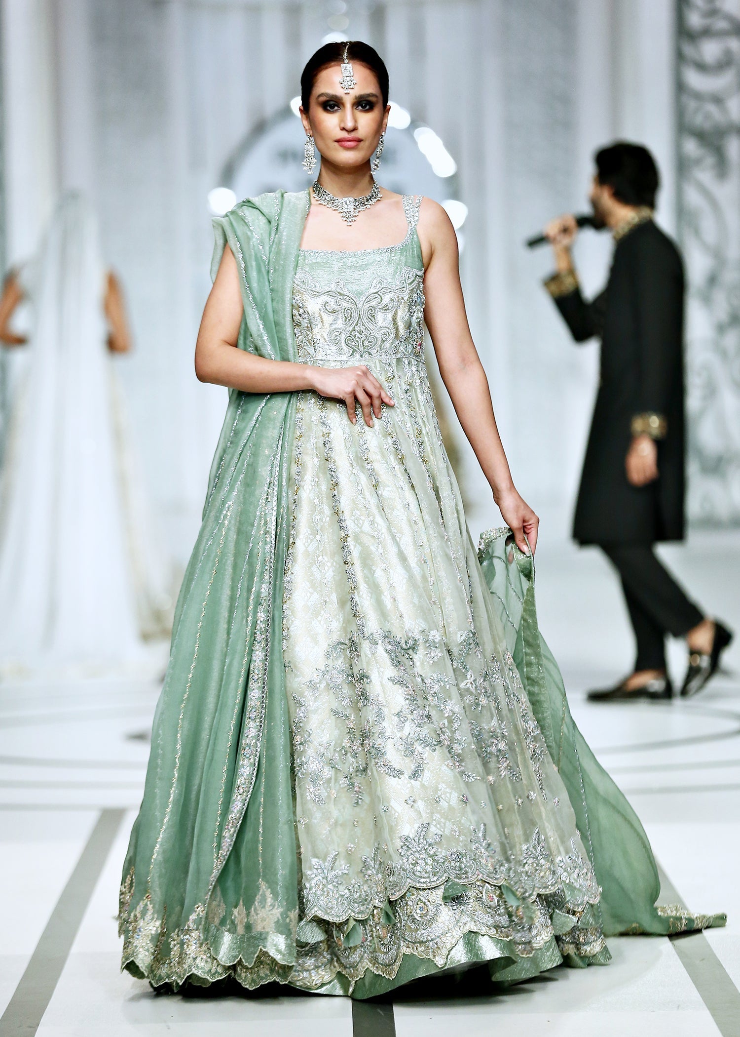Pakistani Misty Green Embroidered Shabnum Mesori Lehenga (3-Piece) - Image 13