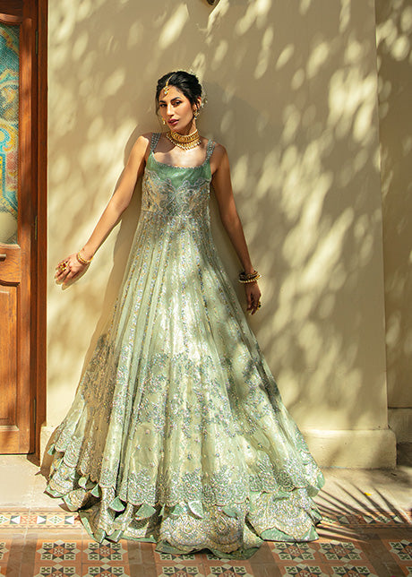 Pakistani Misty Green Embroidered Shabnum Mesori Lehenga (3-Piece) - Image 14