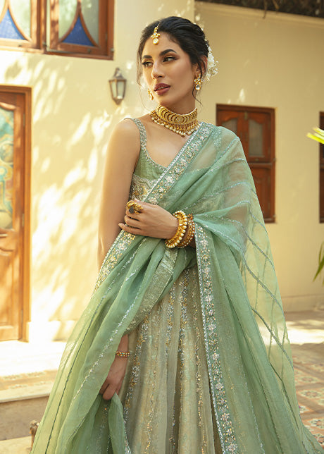 Pakistani Misty Green Embroidered Shabnum Mesori Lehenga (3-Piece) - Image 16