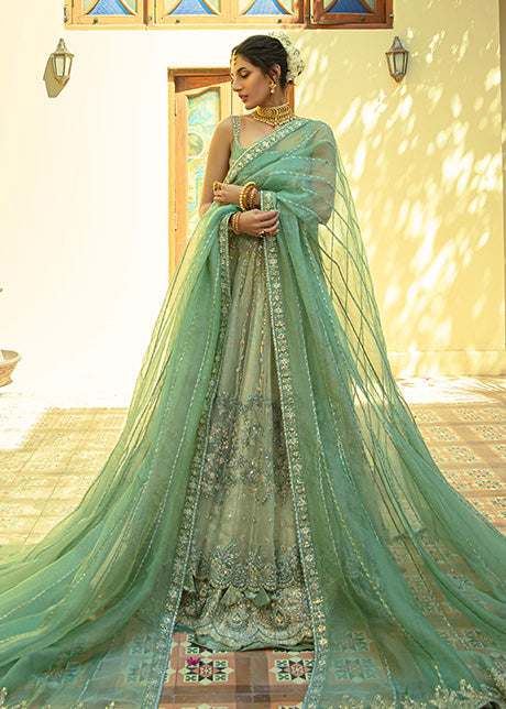 Pakistani Misty Green Embroidered Shabnum Mesori Lehenga (3-Piece) - Image 17