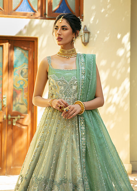 Pakistani Misty Green Embroidered Shabnum Mesori Lehenga (3-Piece) - Image 2