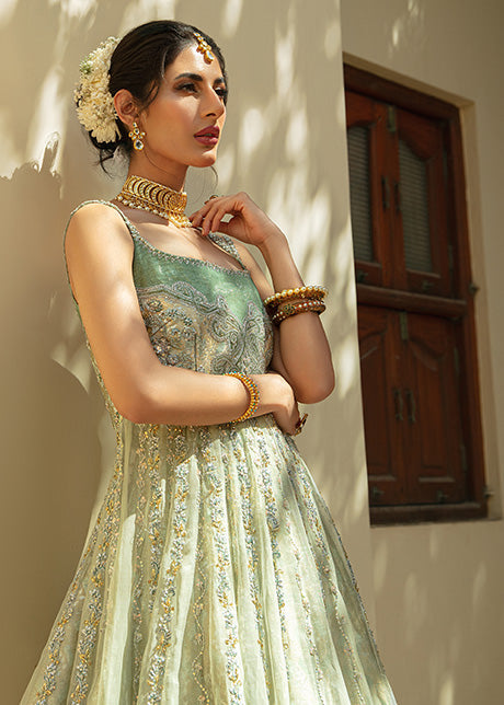 Pakistani Misty Green Embroidered Shabnum Mesori Lehenga (3-Piece) - Image 3