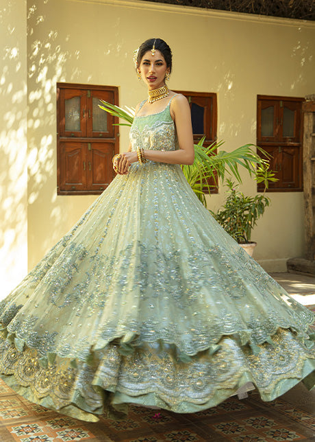 Pakistani Misty Green Embroidered Shabnum Mesori Lehenga (3-Piece) - Image 4