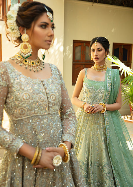 Pakistani Misty Green Embroidered Shabnum Mesori Lehenga (3-Piece) - Image 5