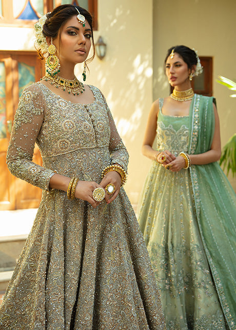 Pakistani Misty Green Embroidered Shabnum Mesori Lehenga (3-Piece) - Image 6