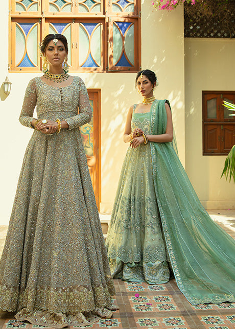 Pakistani Misty Green Embroidered Shabnum Mesori Lehenga (3-Piece) - Image 7