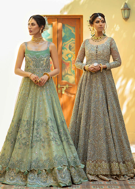 Pakistani Misty Green Embroidered Shabnum Mesori Lehenga (3-Piece) - Image 8