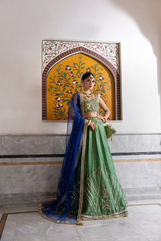 Pakistani Leafy Green Adda Work Tissue & Shesha Silk Lehenga (3-Piece) - Image 2