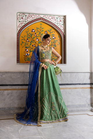 Pakistani Leafy Green Adda Work Tissue & Shesha Silk Lehenga (3-Piece) - Image 3