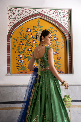 Pakistani Leafy Green Adda Work Tissue & Shesha Silk Lehenga (3-Piece) - Image 5