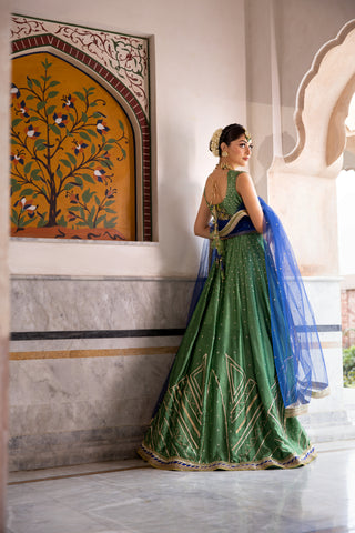 Pakistani Leafy Green Adda Work Tissue & Shesha Silk Lehenga (3-Piece) - Image 8