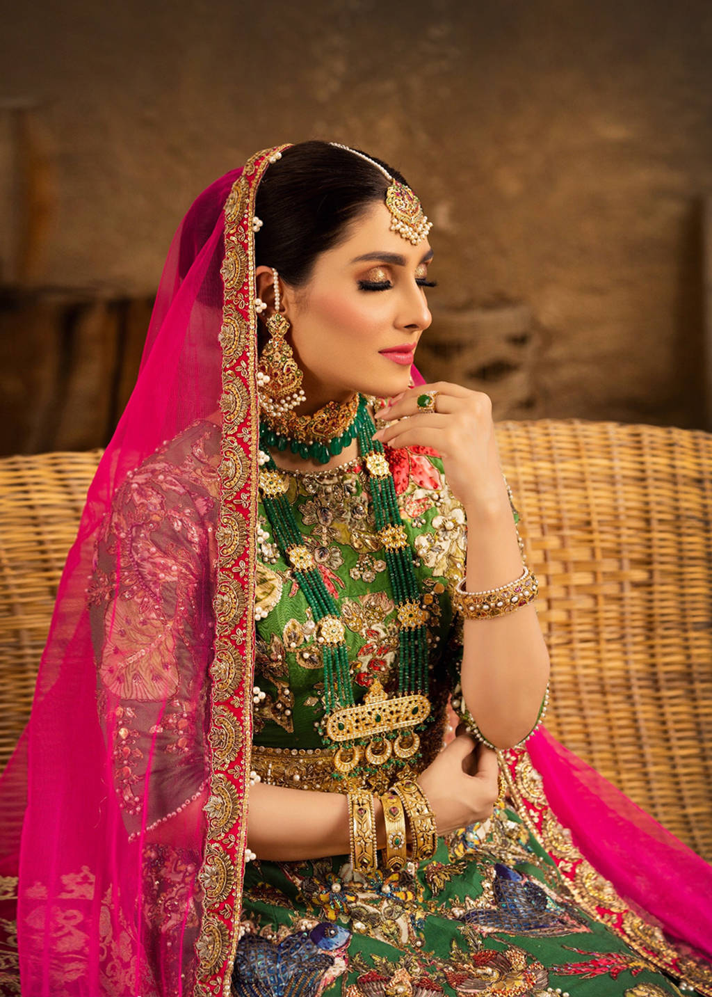 Green and Pink Aari Embroidered Silk Bridal Lehenga (3-Piece) - Image 2